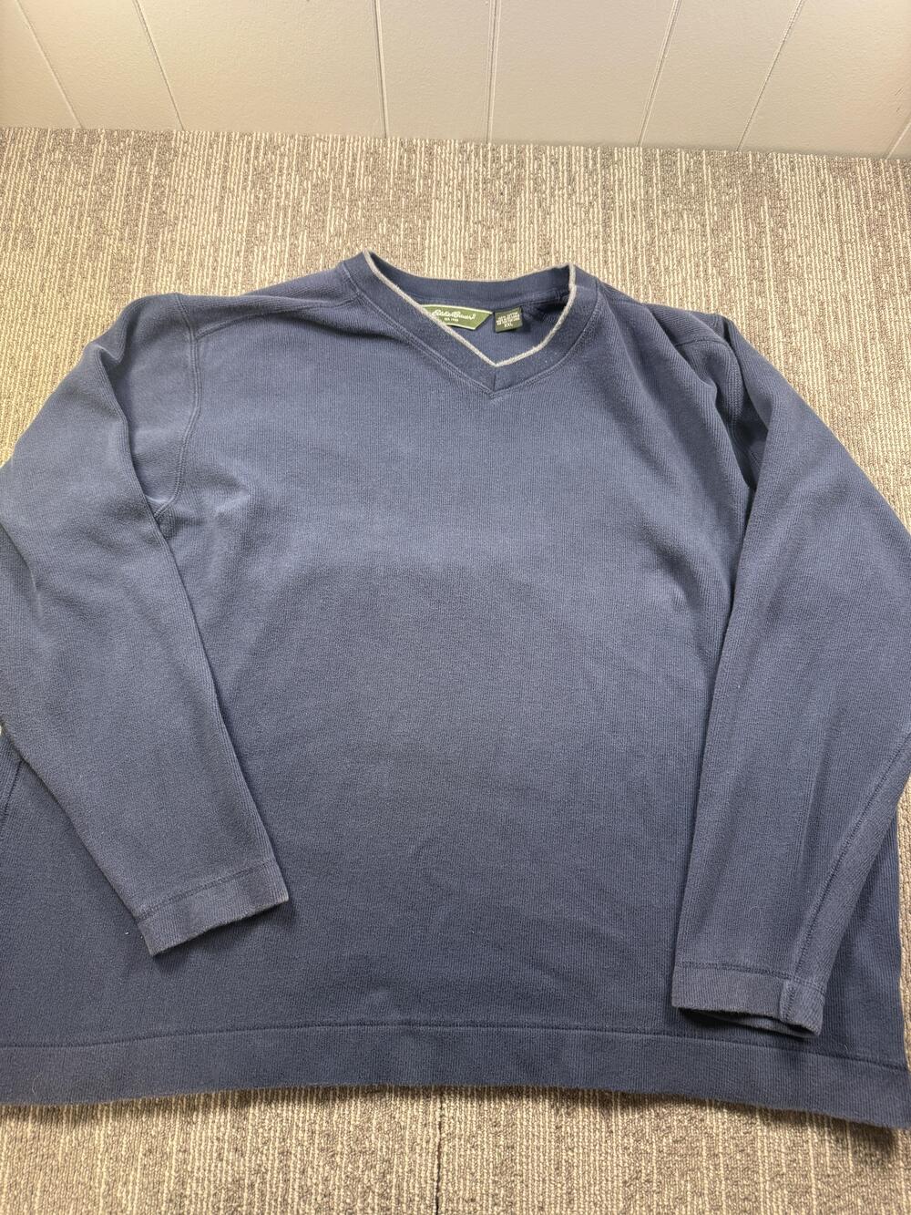 Eddie Bauer Sweater Mens 2XL Blue Cotton V Neck Knit Pullover Casual Classic